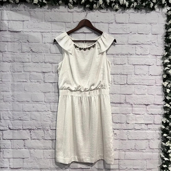 LOFT Size 6 Ivory Jewel Collar Embellishment Neck Flutter Sleeve Party Dress - Picture 2 of 13